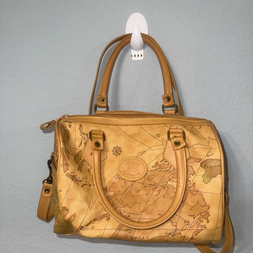 Tan Satchel with Travel-Inspired Map Design